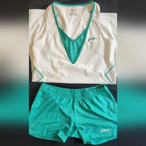 ASICS Women's Size Large White and Teal Tennis Sports Shirt And Top Outfit